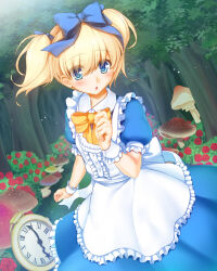 Rule 34 | 1girl, alice (alice in wonderland), alice (alice in wonderland) (cosplay), apron, blonde hair, blue bow, blue dress, blush, bow, chestnut mouth, clock, cosplay, day, dress, forest, frilled apron, frills, hair bow, highres, looking at viewer, mushroom, nature, official art, outdoors, peropero saimin, puffy short sleeves, puffy sleeves, rose bush, short sleeves, short twintails, solo, standing, twintails, umeboshi jin, wrist cuffs, yellow bow