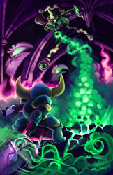 Rule 34 | arch, armor, artist name, battle, black gloves, explosion, fire, gas, gloves, helmet, indoors, jumping, pink fire, plague doctor mask, plague knight, potion, samolo, shovel, shovel knight, shovel knight (character), smoke, standing, statue, wand, wide sleeves