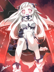 Rule 34 | 10s, 1girl, abyssal ship, airfield princess, ankle boots, arm support, boots, breasts, commentary request, glowing, glowing eyes, hair ornament, kantai collection, long hair, looking at viewer, medium breasts, mtu (orewamuzituda), open mouth, red eyes, sitting, solo, teeth, upper teeth only, white footwear, white hair