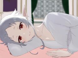 Rule 34 | 1girl, bed, blurry, blurry background, closed mouth, elf, grey hair, highres, indoors, looking at viewer, lying, mushoku tensei, nightgown, on bed, on side, pointy ears, red eyes, short hair, smile, solo, sylphiette (mushoku tensei), tumugi sunohara, window