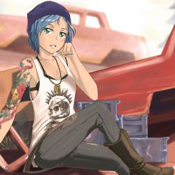 Rule 34 | 1girl, blue hair, boots, bullet, chloe price, green eyes, highres, jewelry, life is strange, nail polish, necklace, pants, short hair, skull print, solmoniq, solo, tank top, tattoo