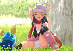 Rule 34 | 1girl, :d, ^ ^, arm behind head, armpits, bare arms, bare shoulders, beanie, black hair, black thighhighs, boots, breasts, child, cleavage, closed eyes, commentary request, creatures (company), dawn (pokemon), day, dot nose, eyelashes, facing viewer, game freak, gen 4 pokemon, grass, hair ornament, hairclip, hat, knee up, long hair, makoto daikichi, miniskirt, nintendo, on floor, on grass, open mouth, outdoors, over-kneehighs, panties, pantyshot, pink footwear, pink skirt, piplup, pokemon, pokemon (creature), pokemon dppt, polka dot, polka dot panties, raised eyebrows, red neckwear, red scarf, scarf, sideboob, sitting, skirt, small breasts, smile, spread legs, thighhighs, tongue, tree, underwear, vest, white headwear, white panties, |d