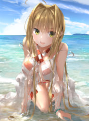 Rule 34 | 1girl, :d, ahoge, all fours, bare shoulders, beach, bead bracelet, beads, bikini, blonde hair, blue sky, blush, bracelet, breasts, cleavage, collarbone, criss-cross halter, day, fate/grand order, fate (series), green eyes, hair between eyes, hair intakes, halterneck, highres, jewelry, large breasts, long hair, looking at viewer, nero claudius (fate), nero claudius (fate) (all), nero claudius (swimsuit caster) (fate), nero claudius (swimsuit caster) (third ascension) (fate), open mouth, outdoors, red bikini, sakazakinchan, shore, side-tie bikini bottom, sky, smile, striped bikini, striped clothes, swimsuit