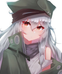 Rule 34 | 1girl, bad id, bad pixiv id, blush, brown eyes, closed mouth, g11 (girls&#039; frontline), girls&#039; frontline, hair between eyes, hat, highres, jacket, long hair, looking at viewer, open clothes, portrait, scarf, shirt, silver hair, simple background, user ysyp7383, very long hair, white background
