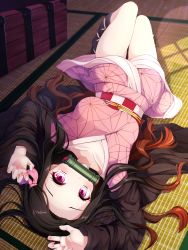 Rule 34 | 1girl, arms up, bamboo, bit gag, black hair, black legwear, blurry, blurry background, blush, breasts, brown hair, checkered sash, collarbone, commentary request, depth of field, fingernails, forehead, gag, gradient hair, hair ribbon, highres, japanese clothes, kamado nezuko, kimetsu no yaiba, kimono, knees up, long hair, long sleeves, looking at viewer, lying, medium breasts, mouth hold, multicolored hair, nail polish, obi, on back, open clothes, parted bangs, pink kimono, pink nails, pink ribbon, purple eyes, ribbon, sash, shiira (nya rl), solo, tears, very long hair, wide sleeves