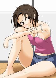 Rule 34 | 1girl, blue shorts, breasts, brown eyes, brown hair, camisole, casual, cleavage, closed mouth, commentary, elbow on knee, girls und panzer, indoors, looking at viewer, medium breasts, nana (manaita koumuten), on floor, parted bangs, pink shirt, sawa azusa, shirt, short hair, short shorts, shorts, shouji, sitting, sliding doors, smile, solo, strap slip, wooden floor