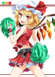 Rule 34 | 1girl, adapted costume, ass, back, bare arms, bare shoulders, blonde hair, cheerleader, e.o., fang, flandre scarlet, hat, hat ribbon, highres, looking at viewer, looking back, midriff, mob cap, open mouth, panties, pantyshot, pleated skirt, pom pom (cheerleading), red eyes, ribbon, sash, shirt, side ponytail, skirt, skirt set, sleeveless, sleeveless shirt, smile, solo, standing, touhou, underwear, upskirt, white panties, wings, wrist cuffs