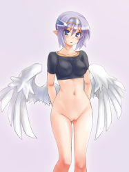 Rule 34 | 1girl, arms behind back, bare legs, blue eyes, blush, bottomless, breasts, covered erect nipples, ginrei kishi dehitera, hikabe sakuho, impossible clothes, impossible shirt, low wings, navel, pointy ears, purple hair, pussy, shinrabanshou, shirt, solo, uncensored, wings