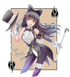 Rule 34 | 1girl, :d, bare shoulders, black bow, black bowtie, black hat, blake belladonna, blush, bow, bowtie, bridal garter, cane, center opening, coattails, cropped legs, detached sleeves, fang, frills, hair bow, hat, head tilt, highres, holding, holding clothes, holding hat, iesupa, leotard, long hair, long sleeves, looking at viewer, open mouth, outside border, pantyhose, paw print, paw print background, playboy bunny, purple pantyhose, rabbit tail, rwby, single detached sleeve, smile, solo, tareme, top hat, unworn hat, unworn headwear, white leotard, wrist cuffs