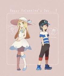 Rule 34 | 1boy, 1girl, bare shoulders, black hair, black hat, black pants, blonde hair, blue eyes, blue footwear, blue shirt, blush, braid, brown background, creatures (company), dress, elio (pokemon), english text, eye contact, flower, full body, game freak, gift, green eyes, hands in pockets, hat, highres, kneehighs, lillie (pokemon), long hair, looking at another, looking to the side, miu (miuuu 721), nintendo, own hands together, pants, pigeon-toed, poke ball theme, pokemon, pokemon sm, rose, see-through, shirt, shoes, short hair, short sleeves, simple background, sleeveless, sleeveless dress, smile, socks, standing, striped clothes, striped shirt, sun hat, text focus, thought bubble, twin braids, valentine, white dress, white hat, white socks