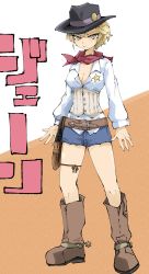 Rule 34 | 1girl, absurdres, bandana, belt, black hat, blonde hair, blouse, blue shorts, boots, brown belt, brown footwear, character name, closed mouth, collared shirt, combat boots, commentary, cowboy hat, cutoffs, frown, full body, girls und panzer, green eyes, gun, handgun, hat, highres, holstered, jane (girls und panzer), long sleeves, looking at viewer, micro shorts, red bandana, revolver, shirt, short hair, shorts, solo, standing, star (symbol), thigh strap, translated, weapon, white shirt, yamarium