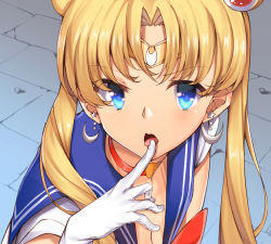 Rule 34 | 1girl, bishoujo senshi sailor moon, blonde hair, blue eyes, blue sailor collar, breasts, choker, circlet, cleavage, commentary request, crescent, crescent earrings, derivative work, earrings, finger to tongue, gloves, hair ornament, hair over shoulder, heart, heart choker, jewelry, kaname (melaninusa09), long hair, looking at viewer, meme, open mouth, parted bangs, red choker, sailor collar, sailor moon, sailor moon redraw challenge (meme), solo, tongue, tongue out, twintails, upper body, white gloves