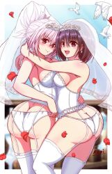 2girls ass ayakashi_triangle big_kapipara blush bridal_veil butt_crack garter_straps genderswap genderswap_(mtf) highres hug kanade_suzu kazamaki_matsuri multiple_girls open_mouth red_eyes thighhighs veil