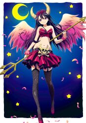 Rule 34 | 1girl, bare shoulders, black hair, boku wa tomodachi ga sukunai, border, bow, breasts, cleavage, closed mouth, collarbone, crescent, feathered wings, feathers, fishnet thighhighs, fishnets, frilled skirt, frills, full body, garter straps, hair bow, highres, holding, holding trident, horns, long hair, lowleg, lowleg skirt, mikazuki yozora, navel, official art, outside border, pink footwear, pink wings, polearm, purple eyes, red bow, red skirt, red tank top, scrunchie, skirt, skull and crossbones, small breasts, smile, solo, standing, star (symbol), tank top, thighhighs, trident, watanabe yoshihiro, weapon, white border, white wings, wings, wrist scrunchie