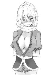 Rule 34 | 1girl, arms behind back, bad id, bad twitter id, blush, breasts, commentary request, cowboy shot, deetamu, greyscale, highres, large breasts, looking at viewer, mizuhashi parsee, monochrome, no bra, no pants, open clothes, parted lips, pointy ears, scarf, simple background, solo, teeth, touhou, white background