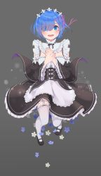 Rule 34 | 10s, 1girl, absurdres, apron, black footwear, blue eyes, blue flower, blue hair, blush, breasts, collar, detached collar, detached sleeves, eyes visible through hair, flower, frilled apron, frilled collar, frilled sleeves, frilled thighhighs, frills, full body, garter straps, grey background, hair ornament, hair over one eye, hair ribbon, hands on own chest, hands up, happy, happy tears, highres, looking at viewer, maid, maid headdress, mary janes, matching hair/eyes, medium breasts, own hands together, parted lips, purple ribbon, re:zero kara hajimeru isekai seikatsu, rem (re:zero), ribbon, shoes, short hair, simple background, smile, solo, tears, teeth, thighhighs, usamochi., usamochi (7290381), waist apron, white flower, white thighhighs, wide sleeves, x hair ornament