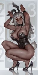 Rule 34 | 1girl, 2023, absurdres, animal ears, armpits, arms up, bare arms, bare legs, bare shoulders, biceps, black footwear, black leotard, breasts, chinese zodiac, cleavage, commentary, covered navel, dark-skinned female, dark elf, dark skin, detached collar, elf, english commentary, fake animal ears, fake tail, from side, full body, high heels, highleg, highleg leotard, highres, large breasts, legs, leotard, long hair, long pointy ears, looking at viewer, numanoan, original, parted lips, playboy bunny, pointy ears, rabbit ears, rabbit pose, rabbit tail, shiny skin, sidelocks, solo, squatting, strapless, strapless leotard, tail, thick eyebrows, white hair, wrist cuffs, year of the rabbit, yellow eyes