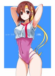 Rule 34 | 1girl, :o, armpits, breasts, brown eyes, brown hair, covered navel, crop top, dated, headband, highres, leotard, leotard under clothes, looking at viewer, looking down, medium breasts, michi kuso, open mouth, outside border, pilot suit, short hair, skin tight, skindentation, solo, takaya noriko, top wo nerae!, white background, yellow headband