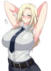 Rule 34 | 1girl, alternate breast size, armpits, arms up, belt, black necktie, blonde hair, blue eyes, blush, breasts, closed mouth, highres, hornet (kancolle), huge breasts, kantai collection, long hair, necktie, ootori subaru, shirt, simple background, skirt, sleeveless, sleeveless shirt, solo, steam, sweat, white background, white shirt