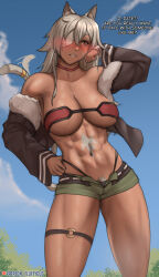 Rule 34 | 1girl, abs, animal ears, bandeau, bare shoulders, black jacket, blush, breasts, choker, dog ears, dog tail, english text, eyepatch, female pubic hair, fluffydus, fur-trimmed jacket, fur trim, ghislaine dedoldia, green shorts, grey pubic hair, hand on own face, hand on own hip, highleg, highleg panties, jacket, large breasts, long hair, muscular, muscular female, mushoku tensei, navel, o-ring, o-ring thigh strap, one-eyed, open clothes, open jacket, open shorts, outdoors, panties, parted lips, patreon username, pubic hair, red bandeau, red choker, scar, scar on face, scar on stomach, shorts, sky, solo, standing, striped clothes, striped panties, tail, tail wagging, thigh strap, thighs, underwear, white hair