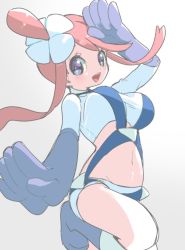Rule 34 | 1girl, ass, blue gloves, blush, breasts, brown hair, chorimokki, creatures (company), game freak, gloves, hand on own head, large breasts, looking at viewer, midriff, navel, nintendo, open clothes, open mouth, pokemon, pokemon bw, simple background, skyla (pokemon), smile, solo, white background