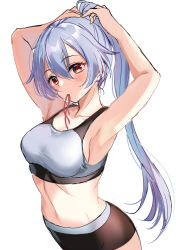 Rule 34 | 1girl, adjusting hair, bike shorts, blush, breasts, copyright request, dutch angle, fate (series), grey hair, hands in hair, harimoji, medium breasts, mouth hold, navel, orange eyes, ponytail, ribbon, ribbon in mouth, sideboob, simple background, solo, sports bra, tomoe gozen (fate), white background