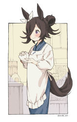 Rule 34 | absurdres, alternate costume, alternate hairstyle, animal ears, apron, bad id, bad pixiv id, blue kimono, border, bow, brown hair, brown tail, commentary request, cooking, enoki, feet out of frame, food, hair over one eye, hair up, hairband, highres, holding, holding food, horse ears, horse girl, horse tail, japanese clothes, kappougi, kimono, long sleeves, looking away, no headwear, onigiri, outside border, purple eyes, rice shower (umamusume), smile, solo, standing, tail, twitter username, umamusume, white border, white bow, white hairband