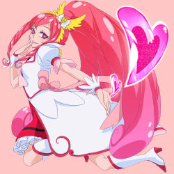 Rule 34 | 1girl, boots, bow, brooch, cacao (99chocolove99), choker, cure ace, dokidoki! precure, dress, flower, full body, hair bow, heart, high heel boots, high heels, jewelry, knee boots, lipstick, long hair, looking at viewer, madoka aguri, magical girl, makeup, pink background, precure, puffy sleeves, red dress, red eyes, red hair, ribbon, rose, shoes, simple background, skirt, smile, solo, wrist cuffs