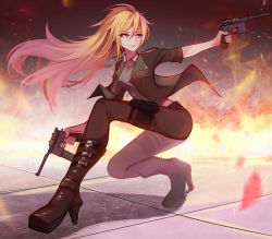 Rule 34 | 1girl, aiming, belt, blonde hair, boots, brown footwear, brown pantyhose, buckle, buttons, dress shirt, dual wielding, embers, epaulettes, eyelashes, fire, from side, full body, german text, grey shirt, gun, hair between eyes, handgun, high heel boots, high heels, holding, holding gun, holding weapon, holster, jacket, knee boots, kneeling, lips, lipstick, long hair, looking afar, looking back, makeup, mascara, mauser c96, open clothes, open jacket, open mouth, original, outstretched arm, pantyhose, parted lips, pistol, revolver, shigure s, shirt, short sleeves, sleeves rolled up, slit pupils, solo, squatting, teeth, thigh holster, thighband pantyhose, tile floor, tiles, trigger discipline, uniform, weapon