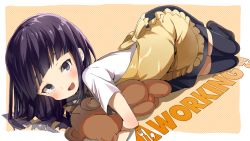 Rule 34 | 1girl, apron, atage, black thighhighs, blush, daisy (working!!), hugging doll, long hair, looking at viewer, lying, hugging object, open mouth, purple eyes, purple hair, shoes, solo, stuffed animal, stuffed toy, teddy bear, thighhighs, waitress, working!!, yamada aoi