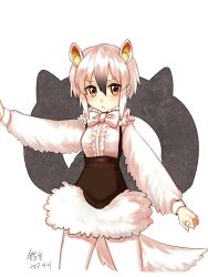 Rule 34 | &gt;:/, 10s, 1girl, :/, animal ears, arm at side, arm up, bad id, bad pixiv id, black hair, blush, bow, bowtie, clenched hand, cowboy shot, dated, frilled shirt, frills, gradient hair, hair between eyes, highres, japari symbol, kemono friends, long sleeves, looking at viewer, luo xuan xing wu si (spiral tungsten wire), multicolored hair, pantyhose, red eyes, shirt, short hair, signature, simple background, skirt, sleeve cuffs, solo, southern tamandua (kemono friends), tail, tamandua ears, tamandua tail, two-tone hair, underbust, v-shaped eyebrows, white background, white bow, white bowtie, white hair, white pantyhose, white shirt, white skirt