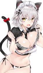 Rule 34 | 1girl, animal ears, bikini, black necktie, breasts, cat ears, cat tail, commentary, fake animal ears, fate/grand order, fate (series), highres, jeanne d&#039;arc (fate), jeanne d&#039;arc alter (avenger) (fate), jeanne d&#039;arc alter (fate), kou mashiro, large breasts, maid headdress, necktie, short hair, silver hair, simple background, solo, swimsuit, tail, untied bikini, white background