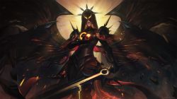 Rule 34 | 1girl, apple, armor, artist name, backlighting, black gloves, breastplate, closed mouth, dated, facing viewer, feet out of frame, food, fruit, gloves, glowing, highres, holding, holding sword, holding weapon, hood, hood up, kayle (league of legends), league of legends, multiple wings, saliva, shoulder armor, solo, sun eater kayle, sword, vincent t (oriaarts), weapon, wings