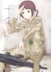 Rule 34 | 1girl, assault rifle, boots, camouflage, desert camouflage, flag, g36k, gun, highres, juu ho, military, military uniform, rifle, salute, smile, solo, twintails, uniform, union jack, weapon