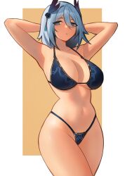 Rule 34 | 1girl, absurdres, armpits, arms behind head, arms up, bare arms, bare shoulders, bikini, blue bikini, breasts, collarbone, commentary, cowboy shot, distr, grey eyes, grey hair, groin, hair ornament, hanya (honkai: star rail), highres, honkai: star rail, honkai (series), large breasts, looking at viewer, navel, parted lips, short hair, solo, standing, stomach, swimsuit, thighs
