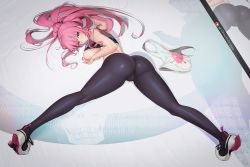 Rule 34 | 1girl, ass, back, bare shoulders, blush, breasts, unworn clothes, greatodoggo, highres, hololive, hololive english, large breasts, long hair, looking at viewer, midriff, mori calliope, nail polish, pants, pink eyes, pink hair, ponytail, red nails, shoes, sneakers, solo, spread legs, tank top, twitter logo, virtual youtuber, yoga pants