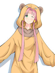 Rule 34 | 1girl, absurdres, andanden, animal costume, aria (manga), bear costume, closed mouth, collarbone, cowboy shot, green eyes, highres, hood, hood up, looking at viewer, mizunashi akari, one eye closed, parted bangs, pink hair, shadow, short hair with long locks, simple background, smile, solo, white background