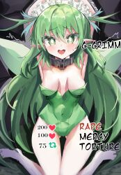 Rule 34 | 1girl, absurdres, arms up, barefoot, black souls, blush, breasts, breasts apart, bright pupils, collar, commentary, english commentary, english text, fairy, fang, frills, green hair, green leotard, highres, leaf (black souls), leotard, like and retweet, long hair, looking at viewer, metal collar, open mouth, pointy ears, small breasts, solo, strapless, strapless leotard, sweat, wellski, white headwear, wings