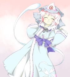 Rule 34 | 1girl, :d, ^ ^, blue bow, blue hat, blue kimono, blue sash, bow, closed eyes, frilled bow, frills, grey ribbon, hands up, hat, highres, japanese clothes, kimono, long sleeves, mob cap, neck ribbon, nonamejd, official style, open mouth, pink hair, ribbon, ribbon-trimmed bow, saigyouji yuyuko, sash, short hair, sleeves past wrists, smile, solo, touhou, triangular headpiece, zun (style)