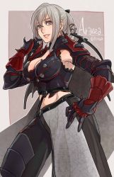 Rule 34 | 1girl, aranea highwind, armor, breasts, cape, cleavage, final fantasy, final fantasy xv, gloves, grey eyes, highres, large breasts, long hair, looking at viewer, navel, payu (pyms11), silver hair, simple background, smile, solo