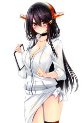 Rule 34 | 10s, 1girl, black hair, blush, breasts, clenched hand, clipboard, collar, collarbone, hair between eyes, hair ornament, hairband, hairclip, haruna (kancolle), headgear, heart, heart-shaped lock, heart lock (kantai collection), highres, jewelry, kantai collection, large breasts, lock, long hair, long sleeves, looking at viewer, notepad, ring, sarong, simple background, smile, solo, tsukui kachou, wedding band, white background, zipper