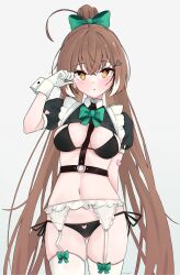 Rule 34 | 1girl, absurdres, ahoge, arm behind back, bandaid, bandaid on arm, bikini, black bikini, black hair, blush, bow, bowtie, breasts, brown hair, commentary, crossed bangs, english commentary, garter belt, gloves, gluteal fold, green bow, green bowtie, hair between eyes, hair bow, hair ornament, hairclip, hand up, high ponytail, highres, hololive, hololive english, large breasts, long hair, looking at viewer, magui3, multicolored hair, nanashi mumei, navel, no pupils, o-ring, parted lips, pointy ears, puffy short sleeves, puffy sleeves, short sleeves, shrug (clothing), side-tie bikini bottom, sidelocks, simple background, solo, streaked hair, swimsuit, thigh gap, thighhighs, twitter username, very long hair, virtual youtuber, white background, white garter belt, white gloves, white hair, white thighhighs, white wrist cuffs, wrist cuffs, yellow-framed eyewear, yellow eyes