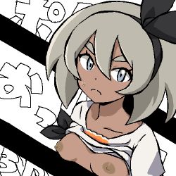 Rule 34 | 1girl, bea (pokemon), black hairband, breasts, closed mouth, clothes lift, collarbone, copyright name, creatures (company), dark-skinned female, dark skin, female focus, game freak, gomatarou (pixiv196136), grey eyes, grey hair, hair between eyes, hairband, jaggy lines, japanese text, looking at viewer, lowres, nintendo, nipples, no bra, oekaki, pokemon, pokemon swsh, shirt, shirt lift, short hair, short sleeves, small breasts, solo, split depth, split mouth, sweat, text background, thick eyebrows, tied shirt, translated, upper body, v-shaped eyebrows, white background, white shirt