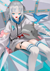 Rule 34 | 1girl, 38 (sanjuuhachi), absurdres, arm cutout, blue eyes, blue hair, blue nails, blunt bangs, blush, box, bright pupils, cardboard box, fins, fish tail, gawr gura, grey hair, hair ornament, highres, hololive, hololive english, hood, hoodie, long sleeves, multicolored hair, nail polish, open mouth, packing peanuts, shark girl, shark hair ornament, shark tail, sharp teeth, sidelocks, sitting, solo, streaked hair, stuffed animal, stuffed shark, stuffed toy, tail, teeth, thigh strap, thighhighs, two side up, virtual youtuber, white pupils