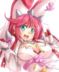 Rule 34 | 1girl, :d, blue eyes, breasts, bullet, cleavage, elphelt valentine, female focus, gloves, guilty gear, guilty gear xrd, hat, kitayama miuki, large breasts, open mouth, pink hair, simple background, smile, solo, upper body, white background