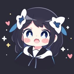 Rule 34 | 1girl, :o, absurdres, black background, black hair, blue eyes, blush, blush stickers, bow, changkiwi, chibi, fang, hair ornament, highres, open mouth, skin fang, solo