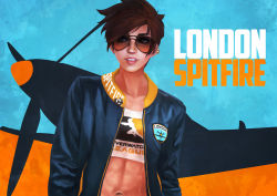 Rule 34 | 1girl, abs, absurdres, aviator sunglasses, brown hair, casual, commentary, crop top, earrings, esports, eyebrows, flat chest, freckles, highres, jacket, jewelry, lips, monori rogue, navel, nose, open clothes, open jacket, overwatch, overwatch (logo), overwatch 1, overwatch league, parted lips, short hair, solo, spiked hair, sunglasses, supermarine spitfire, toned, tracer (overwatch), track jacket