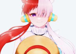 Rule 34 | 1girl, hair over one eye, hair rings, hat, headphones, highres, multicolored hair, one piece, red hair, smile, solo, split-color hair, straw hat, two-tone hair, uta (one piece), white background, white hair