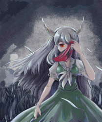 Rule 34 | 1girl, covering privates, covering face, covering own eyes, ex-keine, fanxuying, female focus, highres, horns, kamishirasawa keine, long hair, maz (fanxuying), red eyes, silver hair, solo, touhou, very long hair