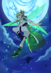 Rule 34 | 10s, 1girl, artist request, ass, blonde hair, boots, braid, breasts, elf, fairy wings, from below, hair ornament, leafa, long hair, looking at viewer, looking down, moon, night, open mouth, pointy ears, ponytail, puffy sleeves, sky, smile, solo, star (sky), star (symbol), starry sky, sword art online, twin braids, wings